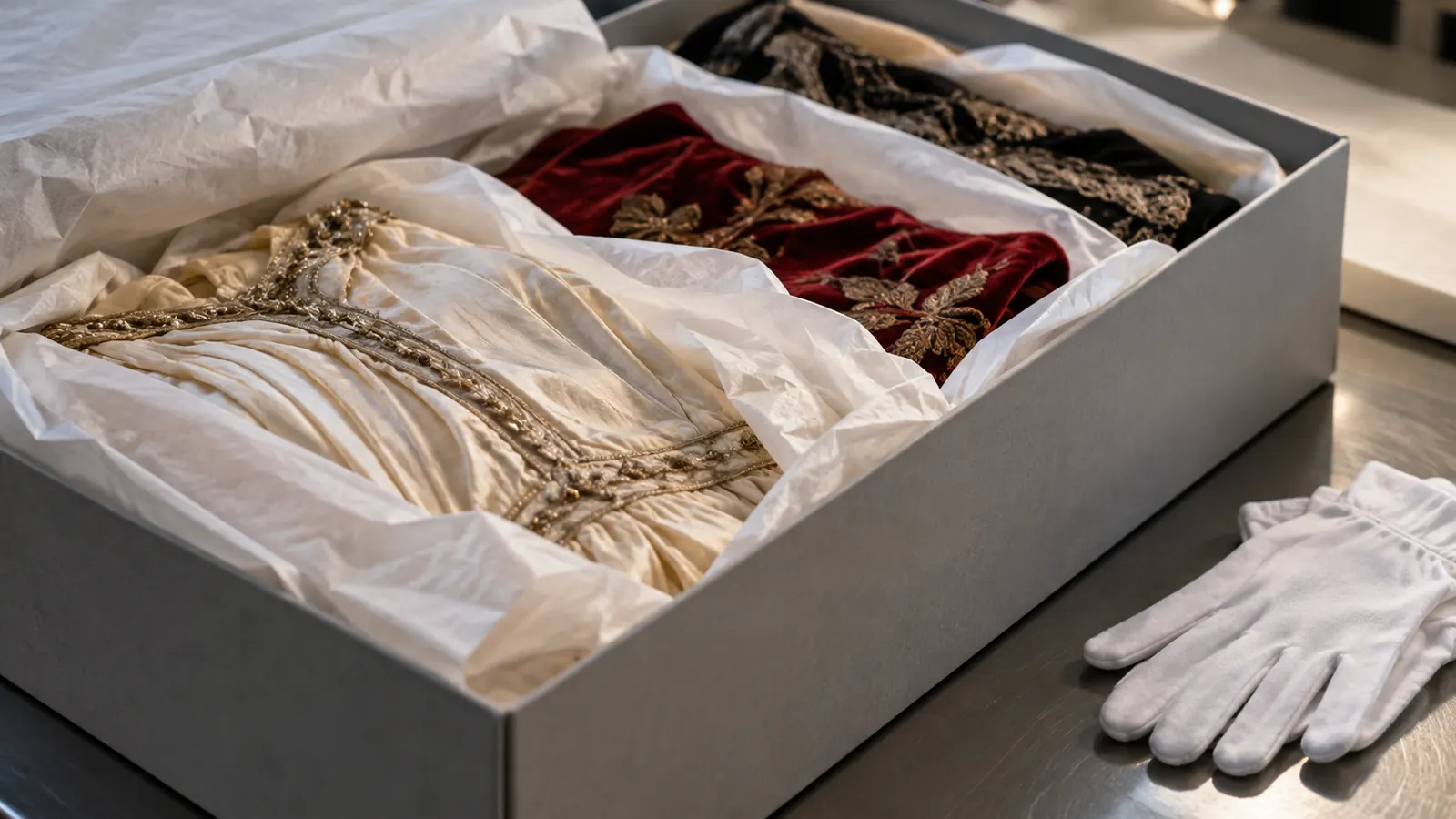 An archival box with folded silk garments wrapped in acid-free tissue paper, white cotton gloves beside it