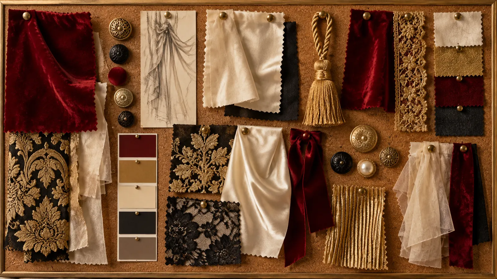 A tidy designer's mood board on a cork wall made of fabric swatches, buttons, ribbons and color chips with no writing