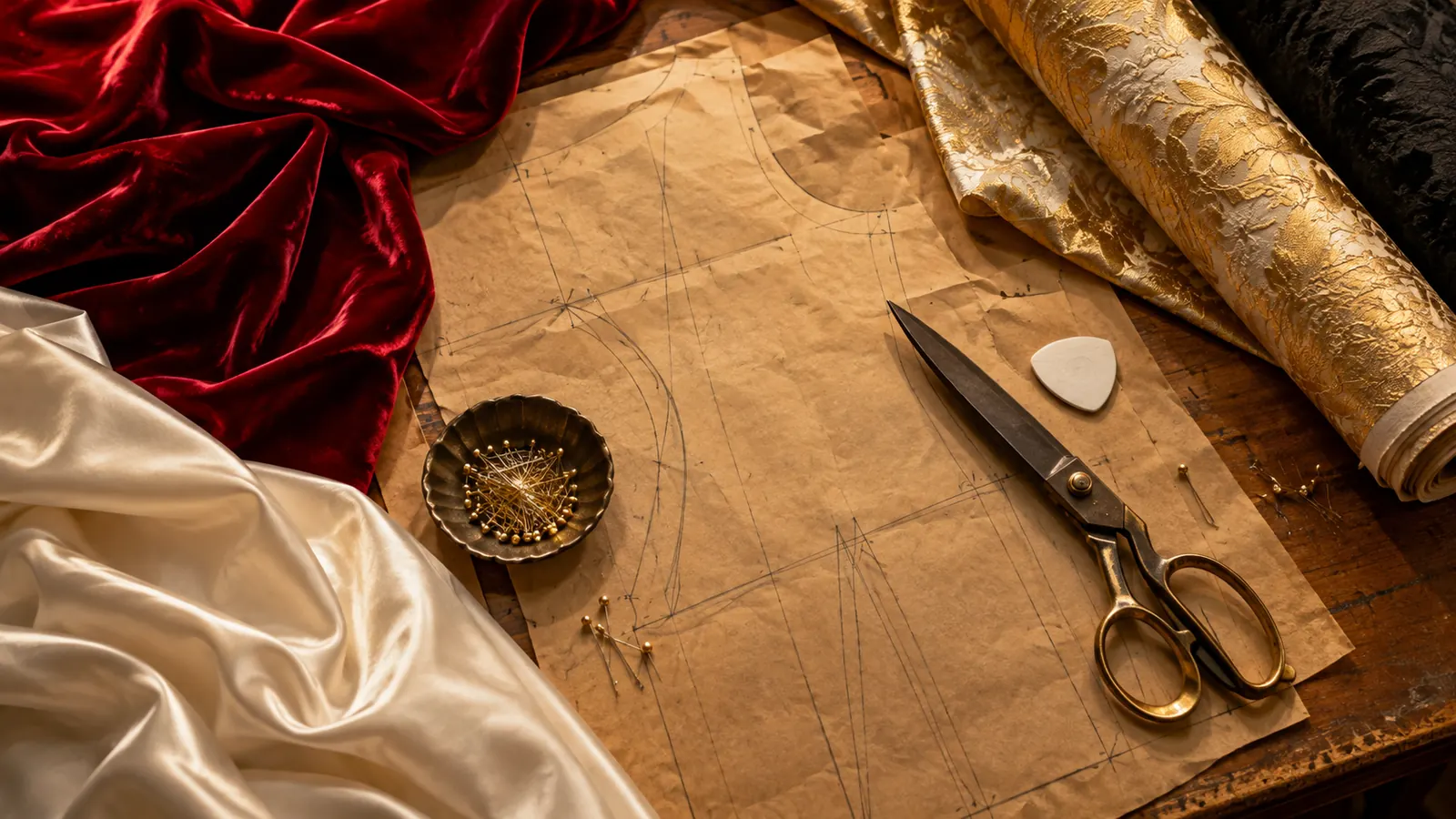A cutting table with a pattern of brown paper, tailor's chalk, shears and rolls of rich fabric, seen from above