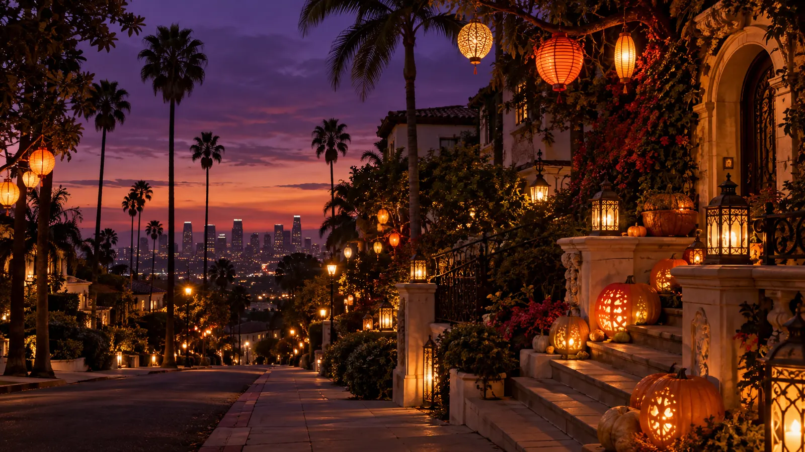 An evening street lined with glowing paper lanterns and carved pumpkins on steps, purple dusk sky, palm silhouettes