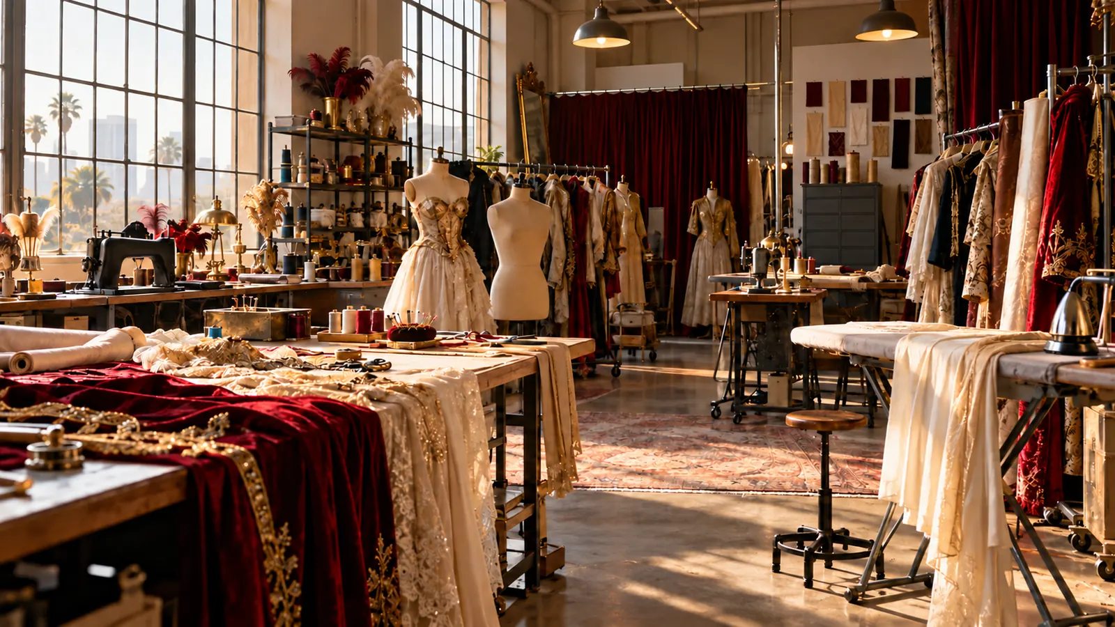 A busy-looking but empty costume workshop with sewing machines, ironing boards and racks of works in progress, morning light